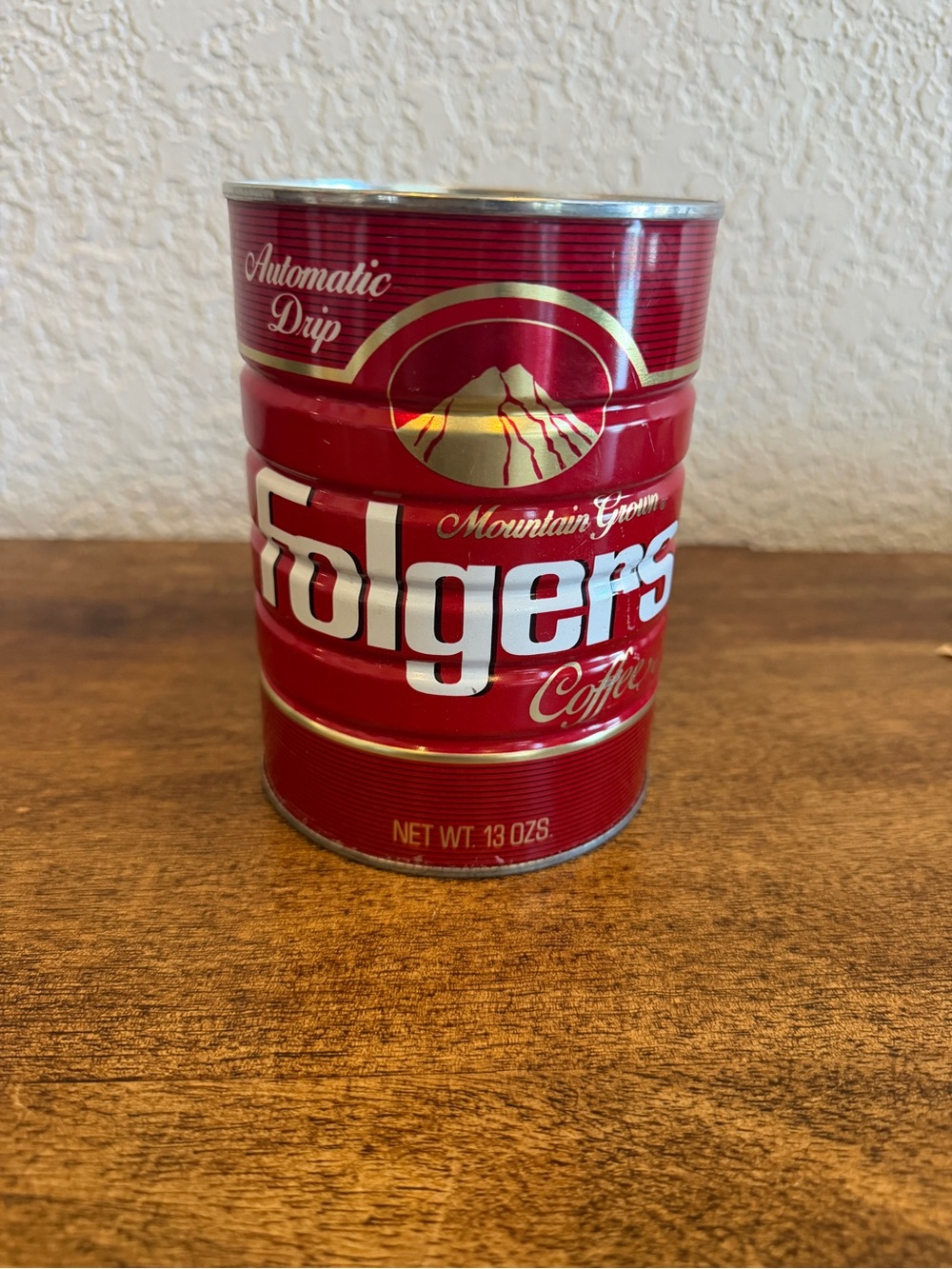 Vintage Folgers Coffee Can 13 Oz Automatic Drip Mountain Grown Red Metal Tin